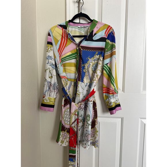 Zara Colorful Long Sleeve Scarf Multi Print Mini Dress Medium - Picture 3 of 7